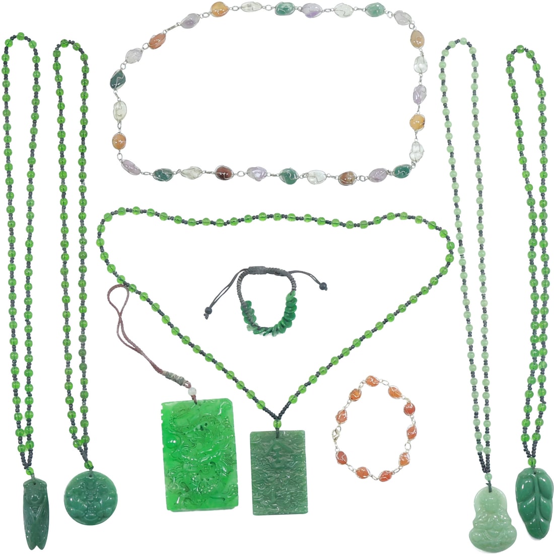 9 Pieces including 5 Jadeite / Nephrite Necklaces; Wire Enclosed Misc Stones Bracelet, Disc Bracelet (1 of 20)