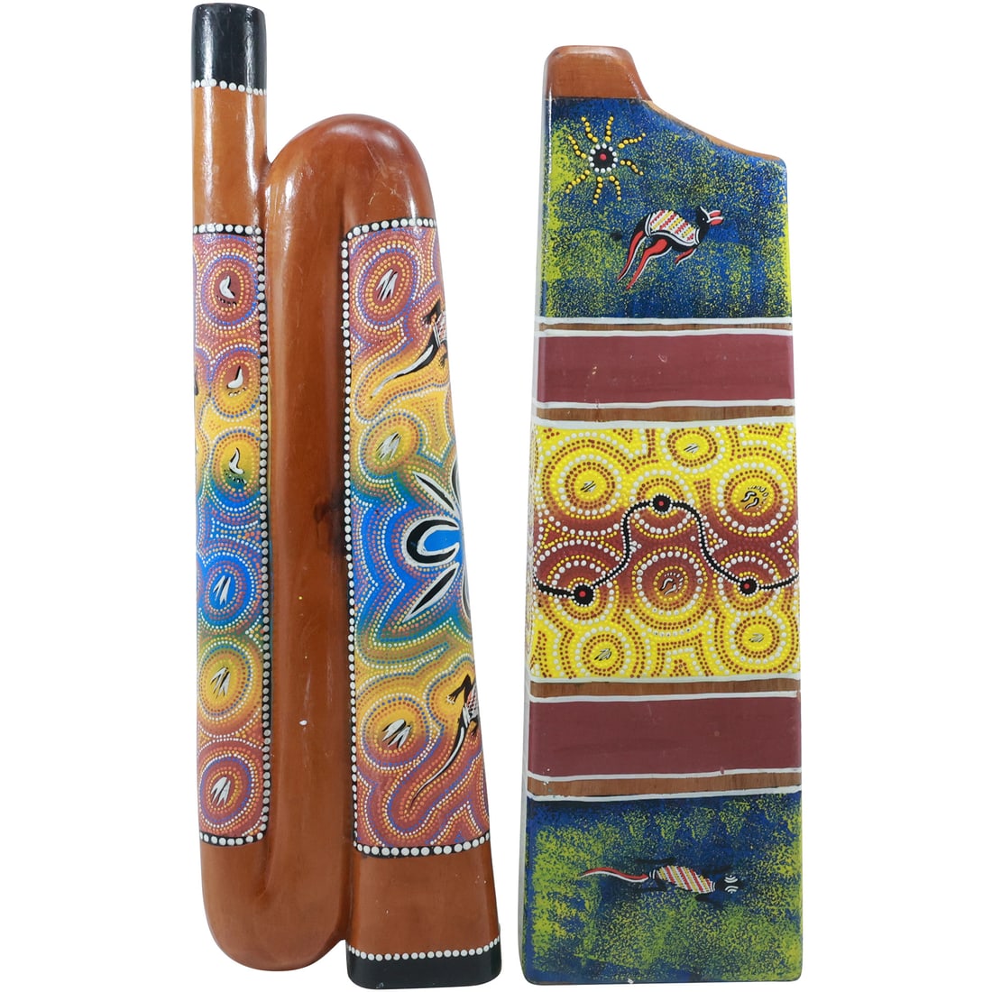 2 Carved Wood And Dot Painted Travel "didgeridoo" Wind Instruments Auction