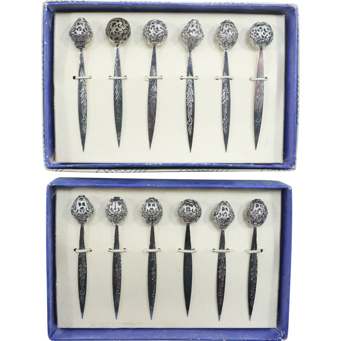12 Hors d'oeuvres Cocktail Picks in Silver Plate Metal, 2 Sets of 6 in Boxes: 12 Hors d'oeuvres Cocktail Picks in Silver Plate Metal, 2 Sets of 6 in Boxes. size: 3.25x.5 (12x pokers), 1.25x6x4 (2x boxes)