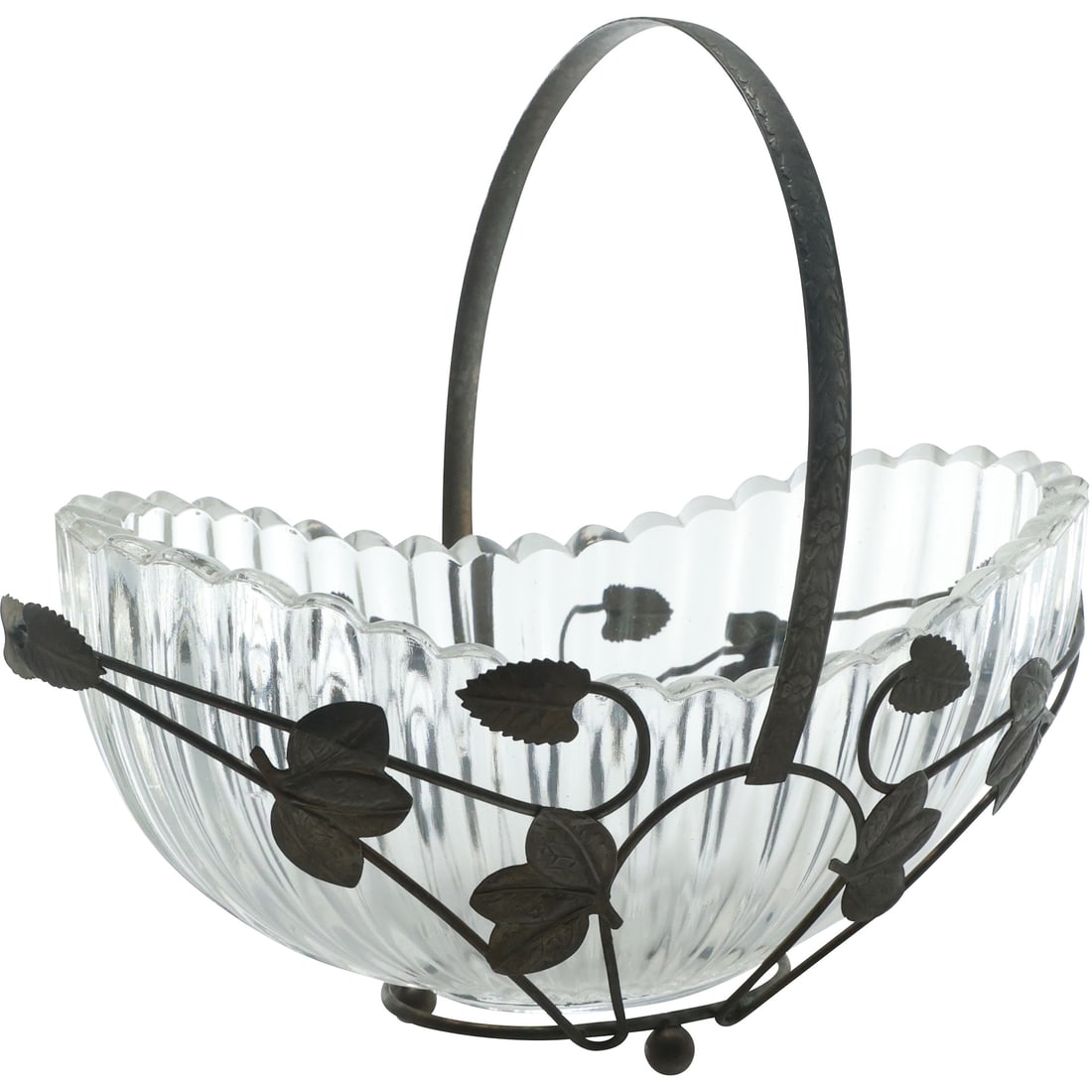 Vintage Crystal Glass Oval Basket in Metal Holder 9.25 in. x 10.5 in. (1 of 17)