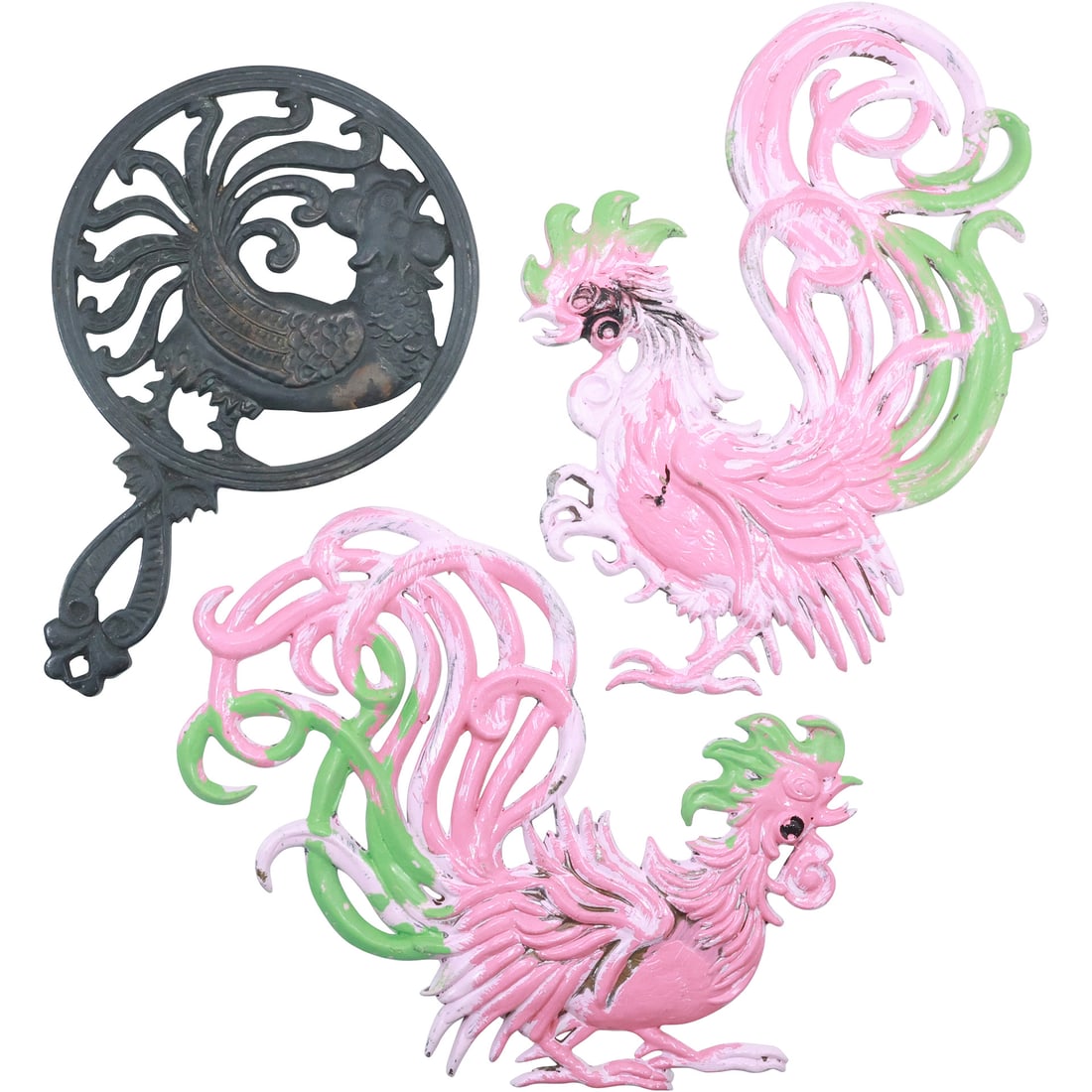 3 Pieces: 2 Cast Metal ROOSTER Wall Plaques and 1 Cast Metal ROOSTER Trivet (1 of 18)