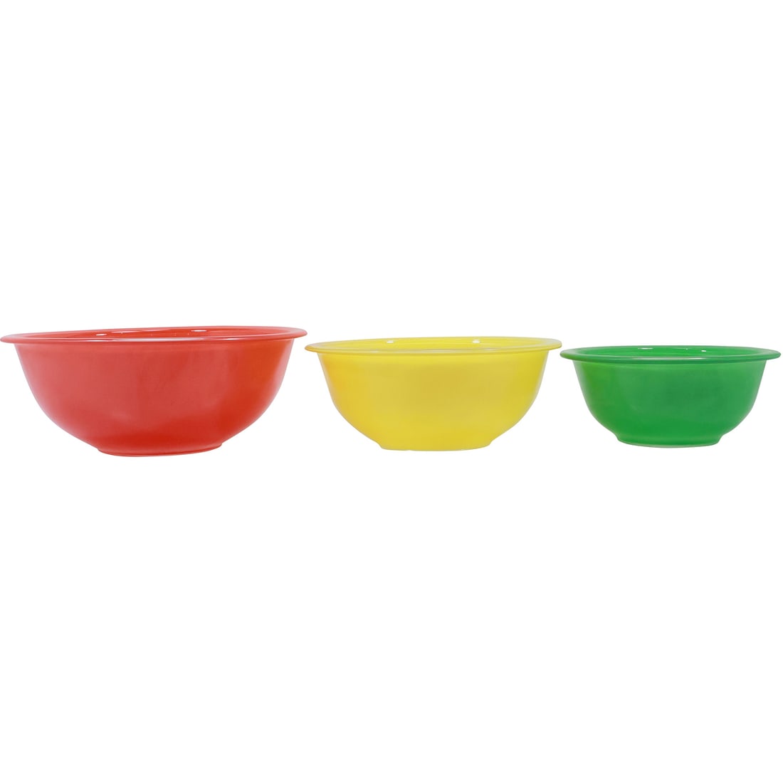 Nest of 3 Multi Color Mixing Bowls by Pyrex Corning, Mid-Century Modern: Nest of 3 Multi Color Mixing Bowls by Pyrex Corning, Mid-Century Modern. size: 4x9.75 (red), 3.5x8.5 (yellow), 3x7 (green)
