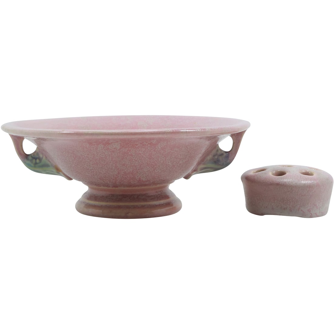 Roseville Art Pottery Tuscany Handled Bowl with Flower Frog: Roseville Art Pottery Tuscany Handled Bowl with Flower Frog. size: 2.5x7, 1x2.5