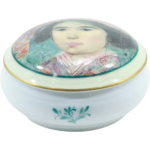 Limoges France "Edna Hibel" Small Round Porcelain Dresser Box: Limoges France "Edna Hibel" Small Round Porcelain Dresser Box. size: 1.75x3