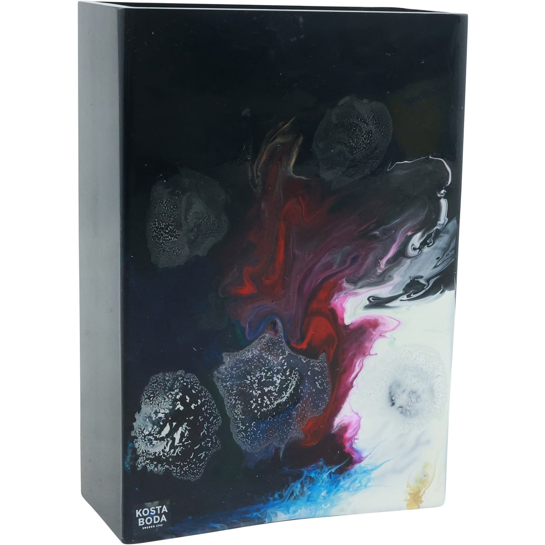 KOSTA BODA Heavy Black Glass Box Vase with Colorful Abstract Design (1 of 20)