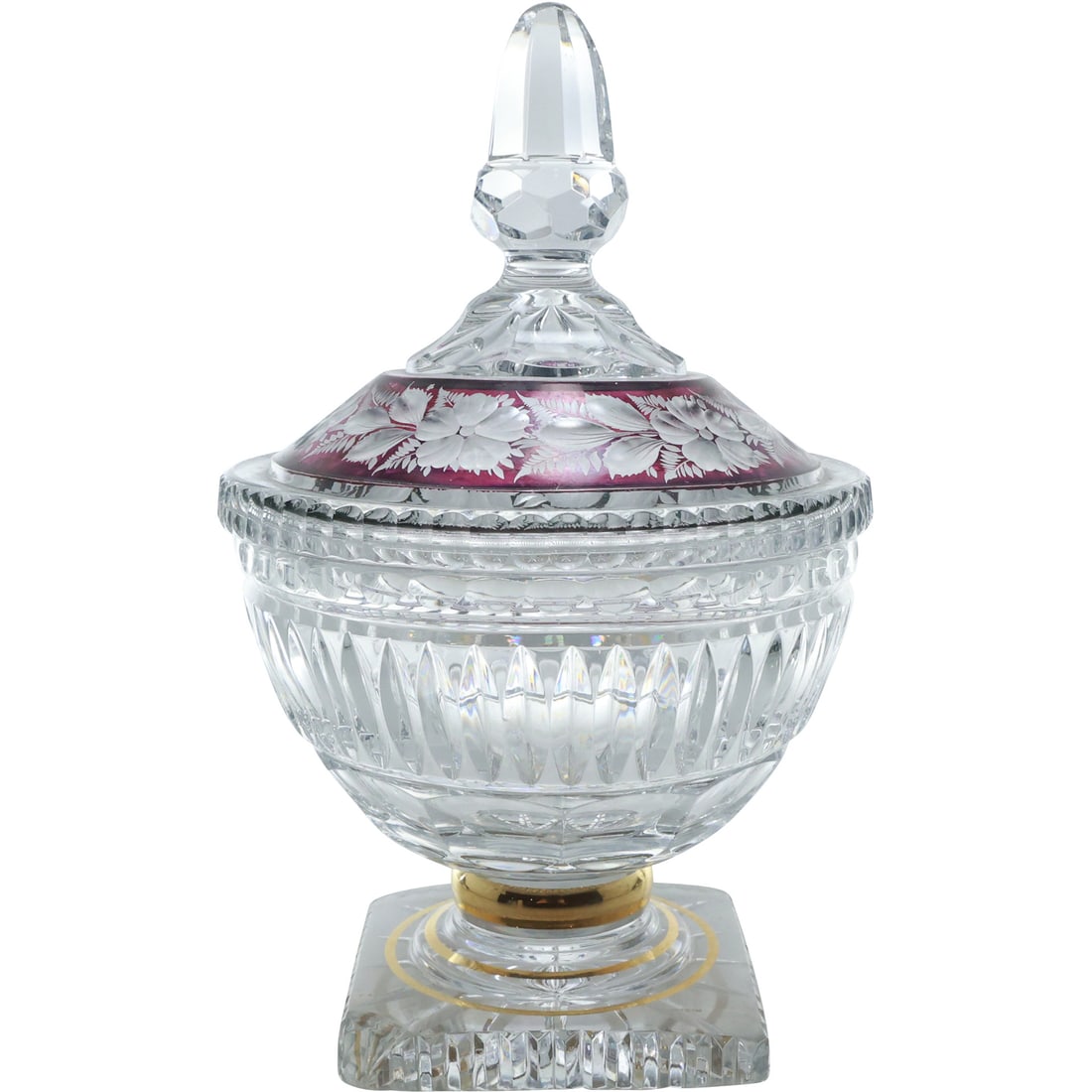 Stunning Bohemian Glass Covered Candy Jar Cranberry Band Cut to Clear 9.75 in. height x 6 in. wide (1 of 20)
