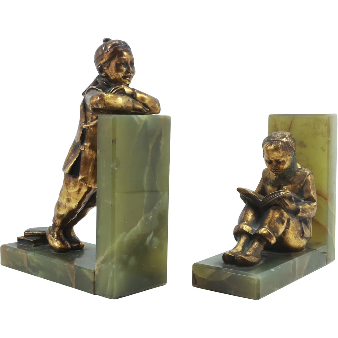 Asian Metal Figures Bookends Chinese Children on Green Onyx, Original Patina Finish (1 of 20)