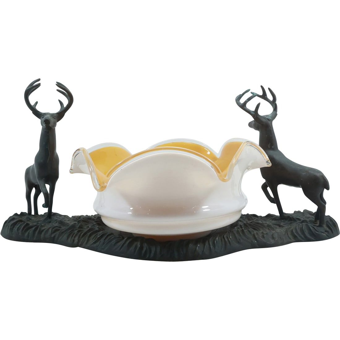 Vintage Bronze Center Piece with Deer and Yellow and White Cased Glass Center Bowl: Vintage Bronze Center Piece with Deer and Yellow and White Cased Glass Center Bowl size: 8.25 in. x 17.25 in. (deer), 4.5 in. x 9.75 in.