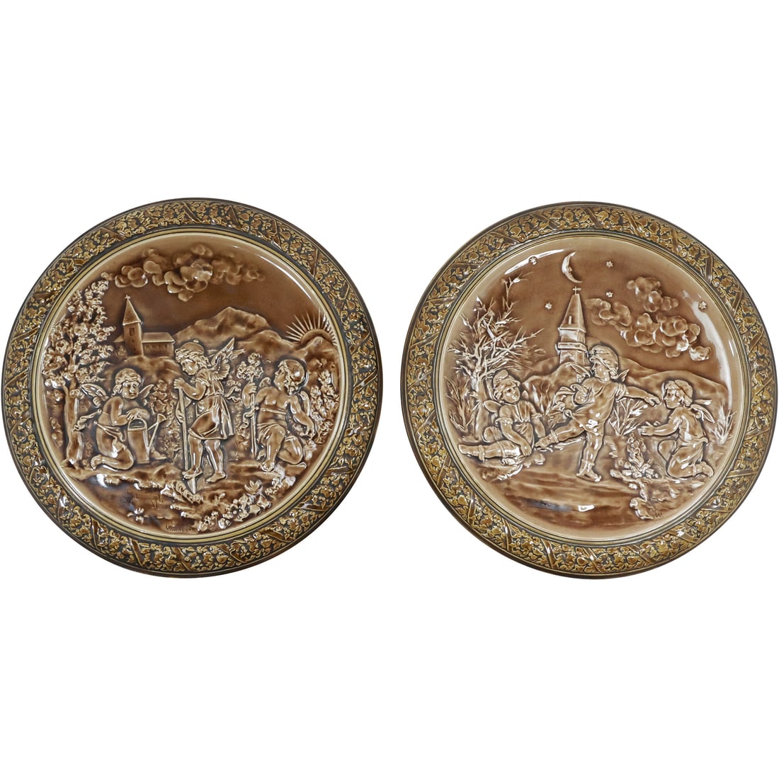 [2] Schutz Cilli Brown Glaze Majolica Scenic Chargers with Winged Putti 15 inches diameter (1 of 20)