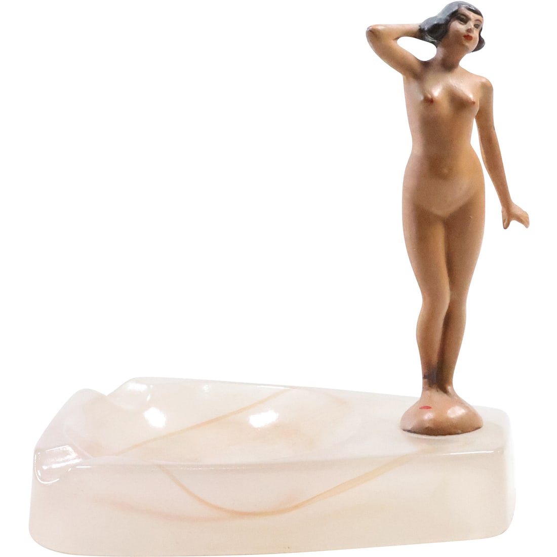 Circa 1930s Art Deco Standing Nude Metal Figure Mounted on Onyx Ashtray: Circa 1930s Art Deco Standing Nude Metal Figure Mounted on Onyx Ashtray. size: 5.5 in. x 5 in. x 3.5 in.