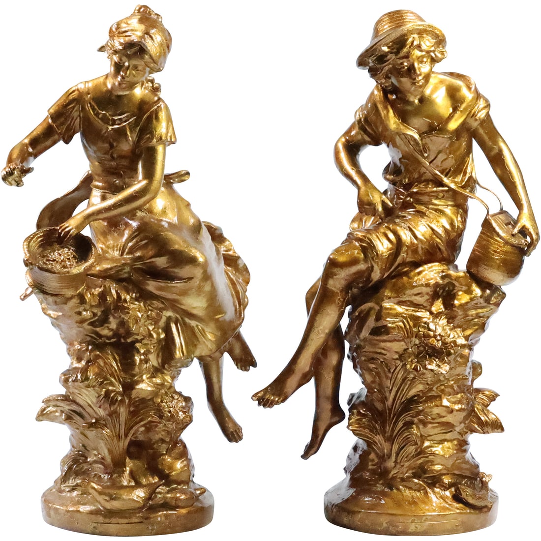 Pair Moreau Spelter Statues of Peasant Boy and Peasant Girl 15.75 in. height, with French Seal (1 of 20)