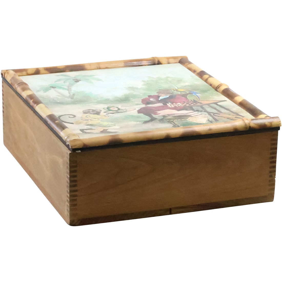 Wooden Decorative Box with Whimsical Monkeys Serving a Chess Player: Wooden Decorative Box with Whimsical Monkeys Serving a Chess Player. size: 4.5 x 11 x 12.75