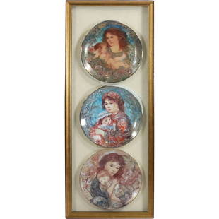 3 Edna Hibel Collector Cabinet Plates All in a Series Framed.: 3 Edna Hibel Collector Cabinet Plates All in a Series Framed. size: 8.25 in round plates, 29.25 x 11.75 outside frame. ASKart: Edna (Hibel) Plotkin (1917 - 2015) was active/lived in Massachusetts, Flo