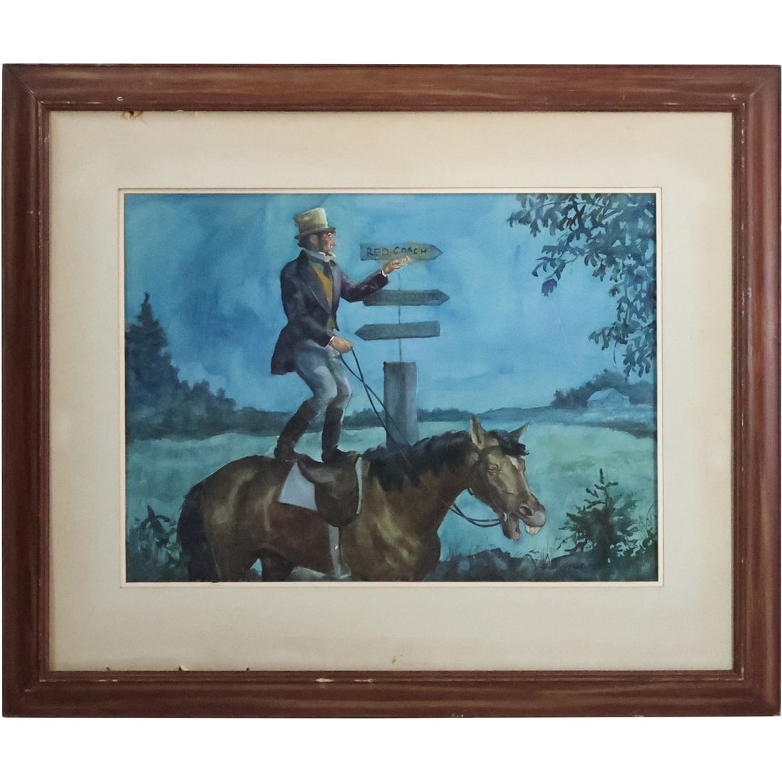 John Wentworth, American 1898-1955, Watercolor Painting Illustration Rider Toward Red Coach, Boston: John Wentworth, American 1898-1955, Watercolor Painting Illustration Rider Toward Red Coach, Boston. size: 20 x 27 matte, 33.5 x 39.5 outside frame. ASKart: John Leslie Wentworth (1898 - 1955) was act