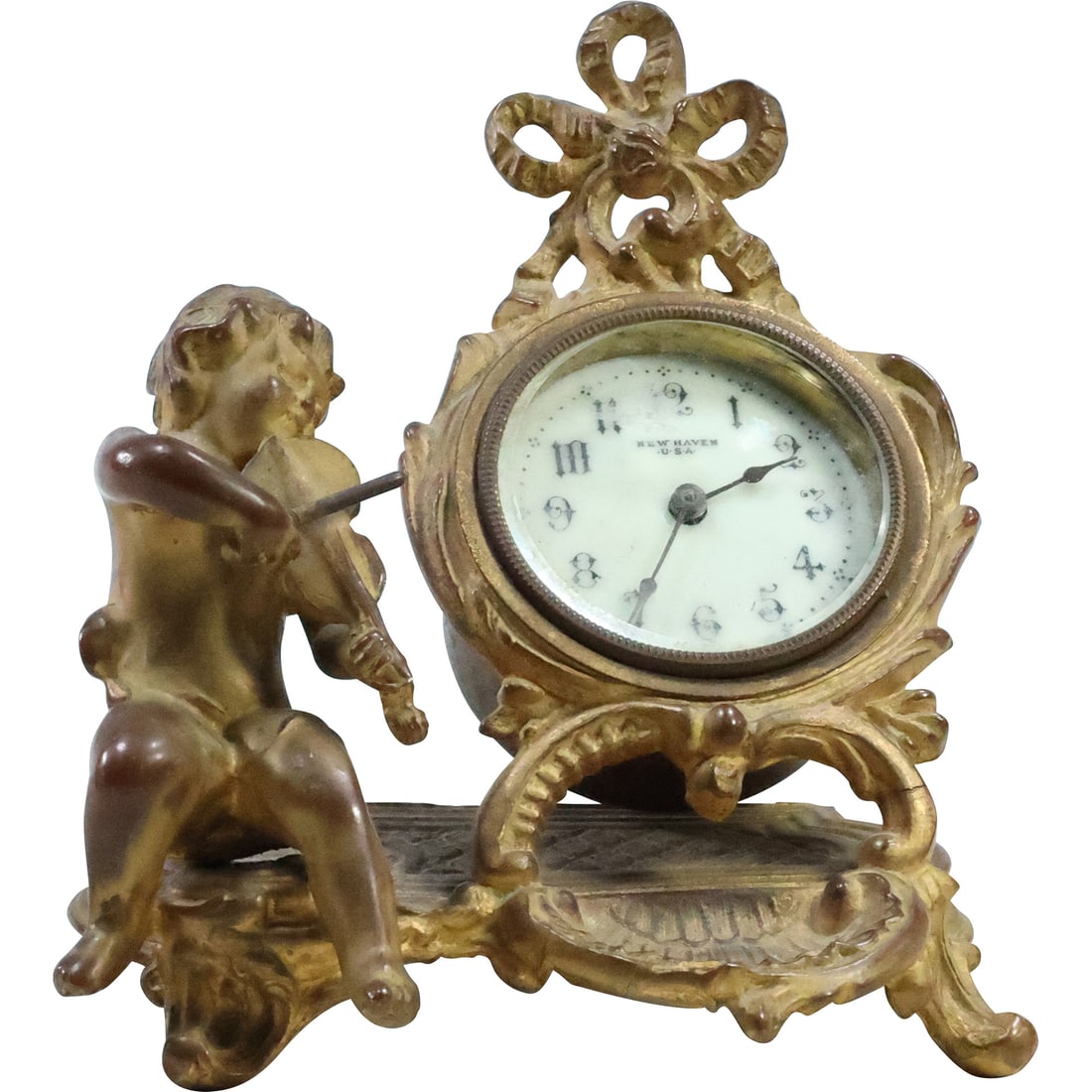 New Haven Cast Metal Novelty Figurative Clock Cherub Playing Violin (1 of 20)