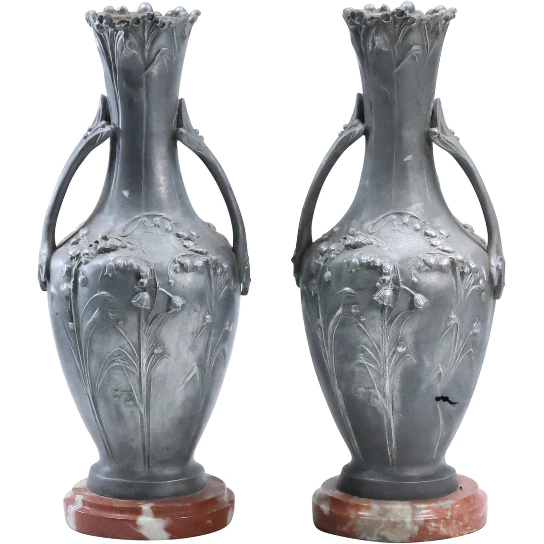 Pair 19th C. Cast Metal Spelter Art Nouveau Bell Flowers Pattern Garniture Vases 12 in. height (1 of 20)