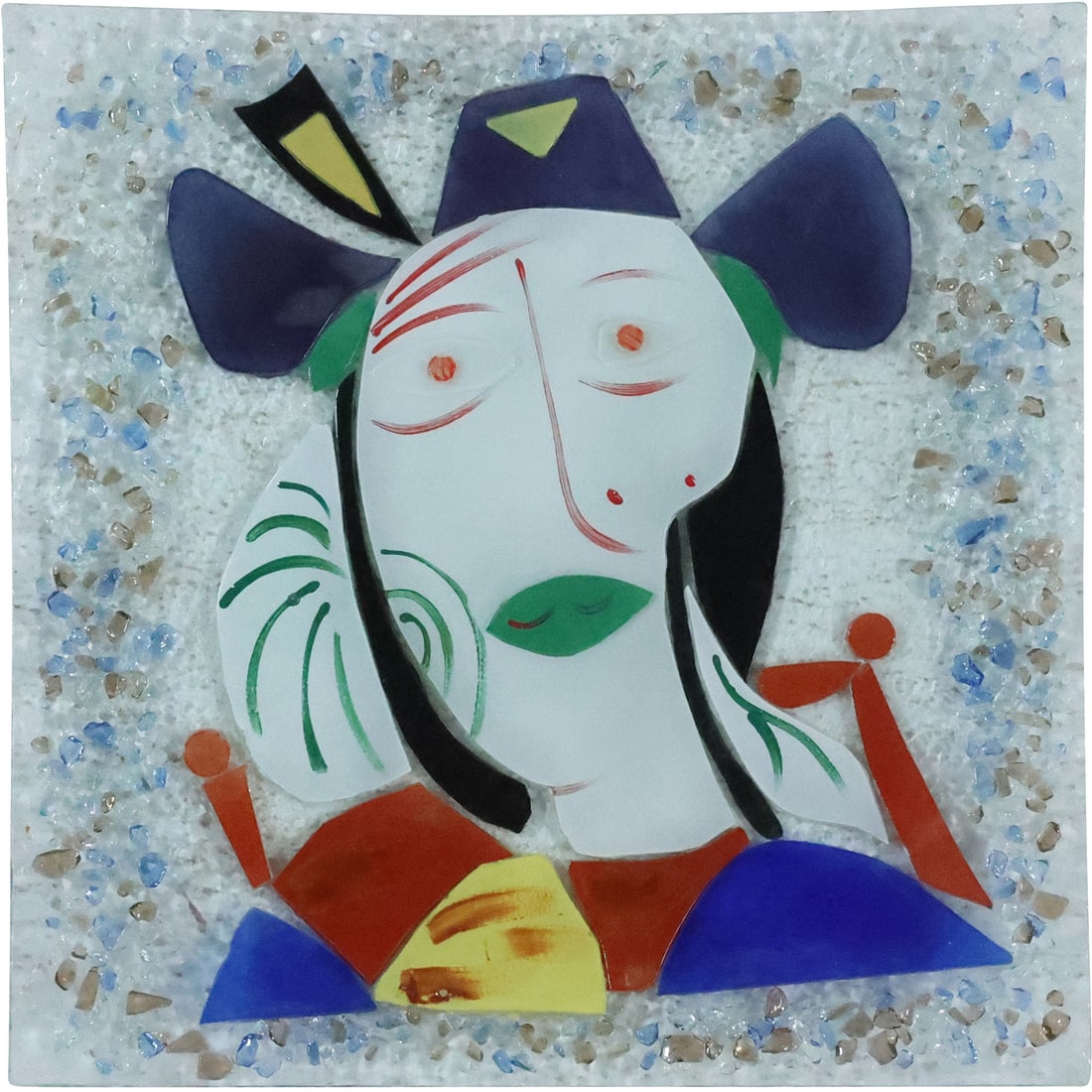 Style of Picasso, Colorful Abstract Face Fused Glass Serving Platter 14.5 in. x 14.5 in. (1 of 20)