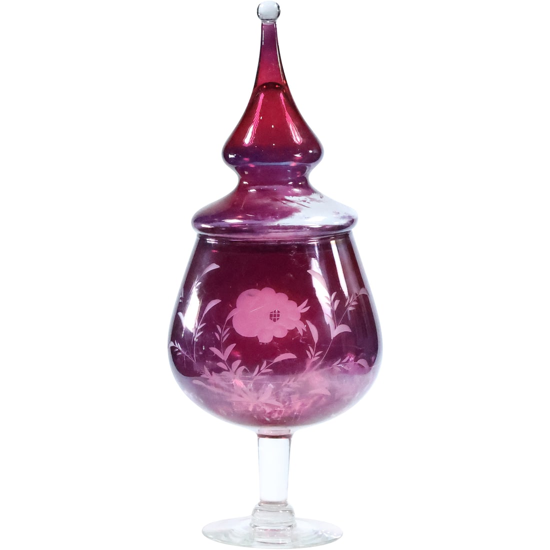 Vintage Cranberry Glass Covered Etched Jar on Pedestal Base - Worn Finish - 18.5 inches height (1 of 20)