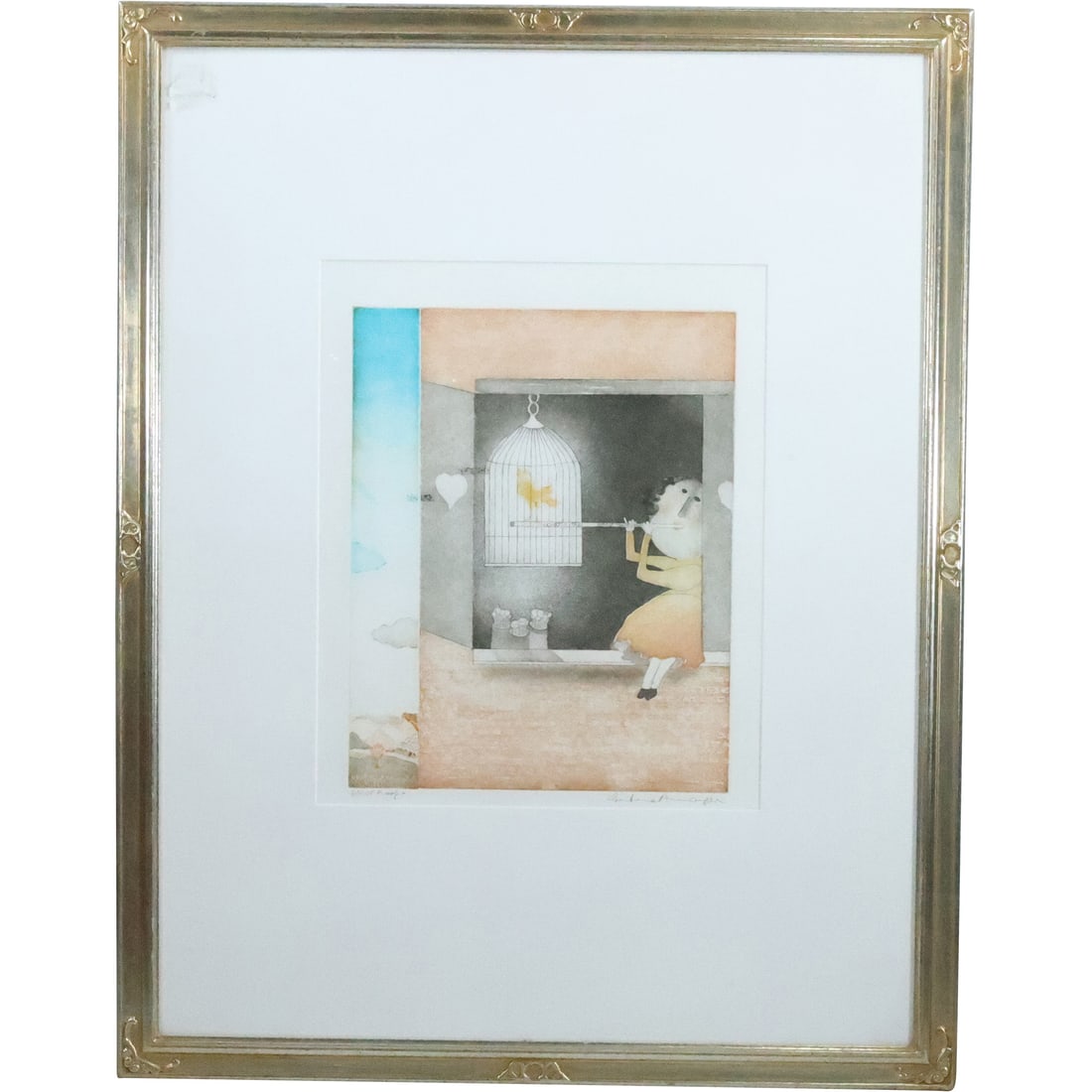 Signed Christine Amarger, Aqua Tint Etching, "Flautist and Red Bird" , Framed (1 of 20)