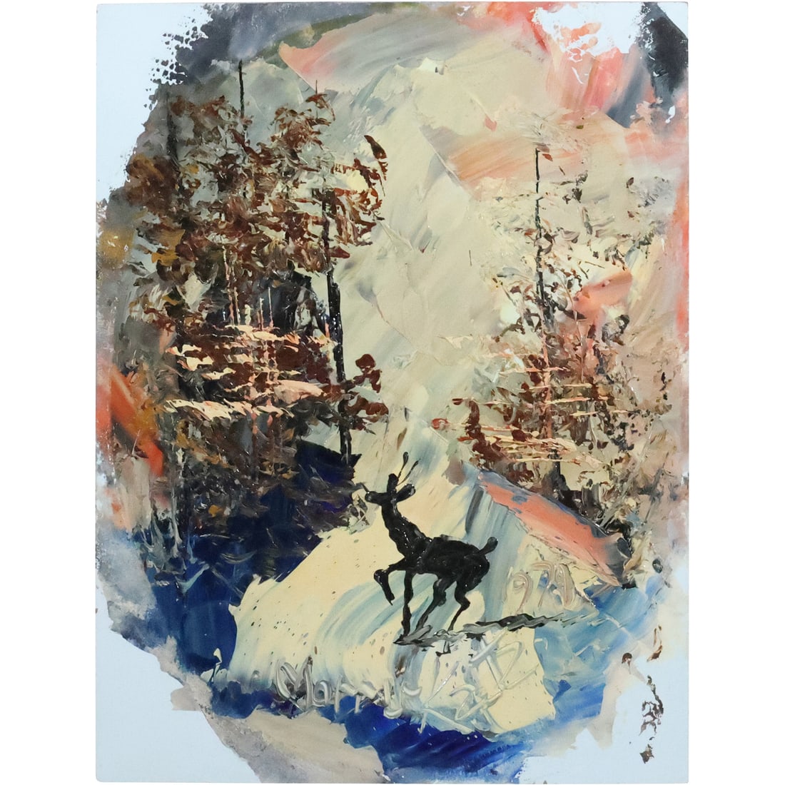 Morris Katz 1979, Jewish American, Acrylic Painting Deer in Winter Landscape Catskill Mountains (1 of 20)