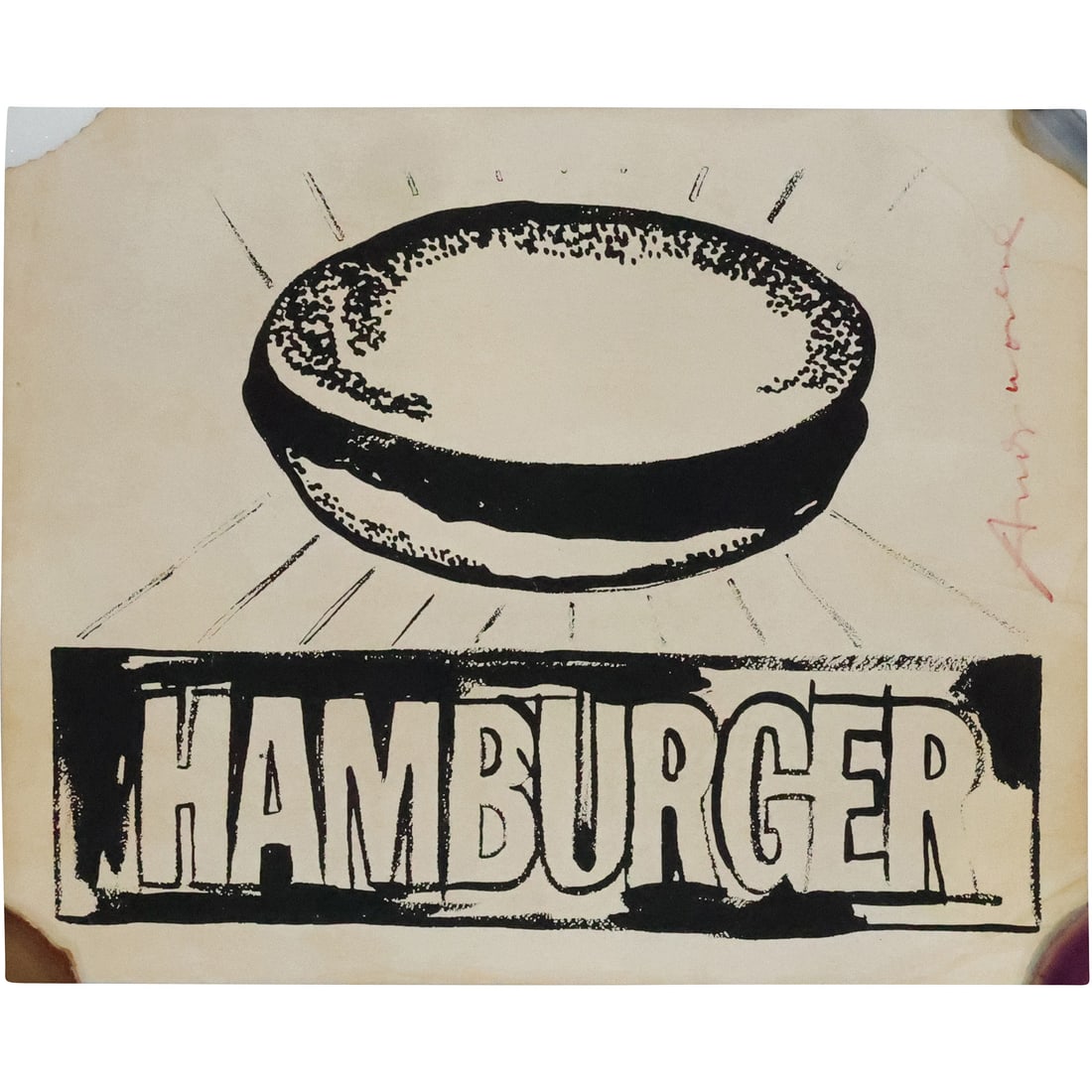 Signed ANDY WARHOL "Hamburger" Diner Paper Sign 20.75 in. x 16.75 in.: Signed ANDY WARHOL "Hamburger" Diner Paper Sign 20.75 in. x 16.75 in. size: 20.75x16.75