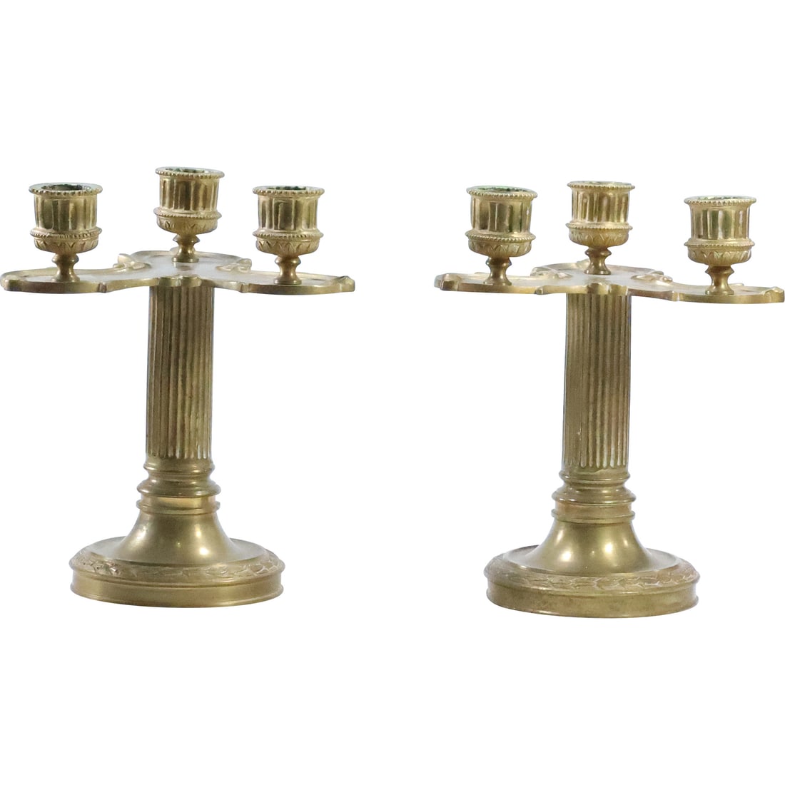 Pair Brass French Empire 3-Light Candlesticks with Reeded Column Post Bases 8.25 in. height: Pair Brass French Empire 3-Light Candlesticks with Reeded Column Post Bases 8.25 in. height. size: 8.25 x 7 x 6.5