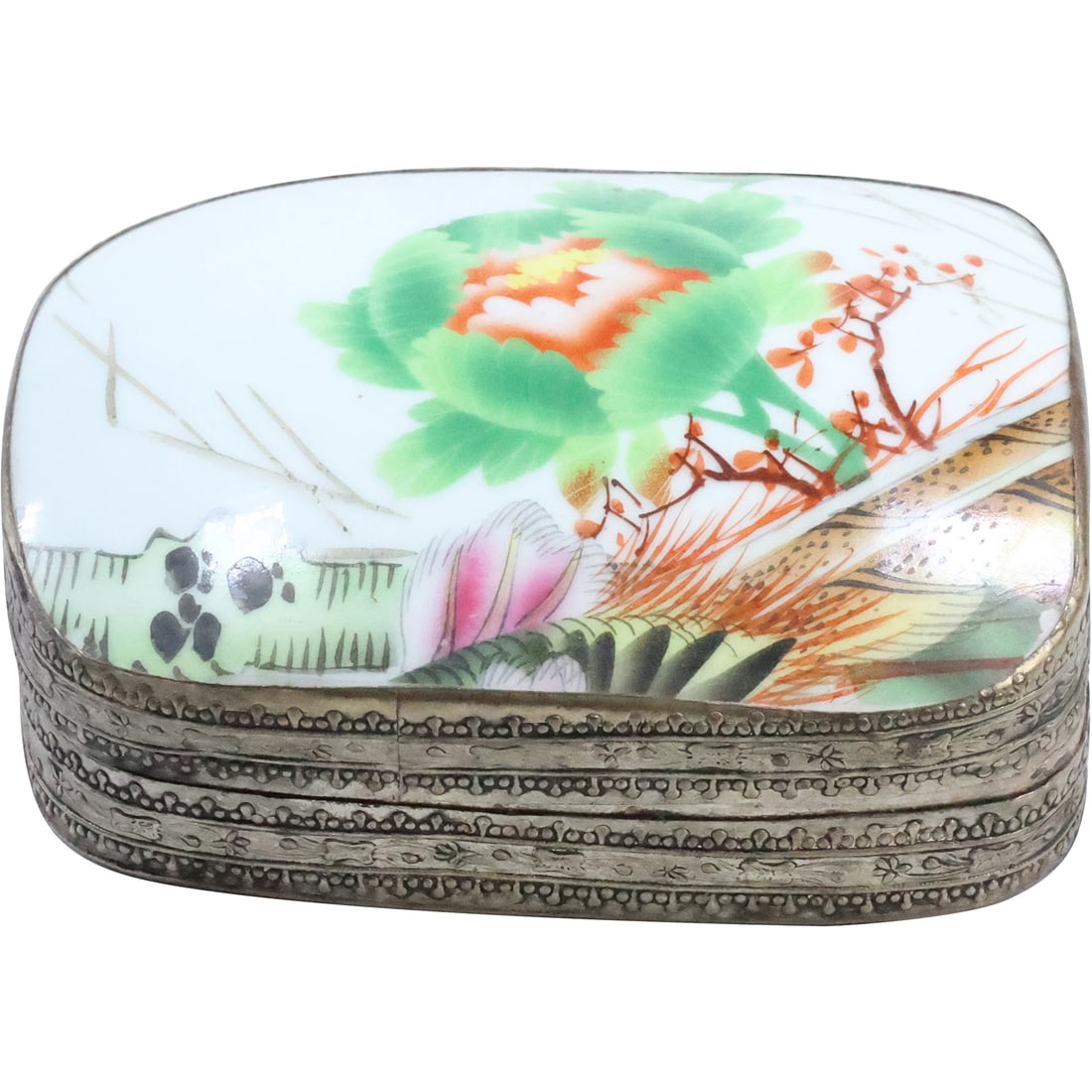 Antique Chinese Silver and Porcelain Top Cover Dresser Box 2 in. x 6 in. x 5 in.: Antique Chinese Silver and Porcelain Top Cover Dresser Box 2 in. x 6 in. x 5 in. size: 2 x 6 x 5