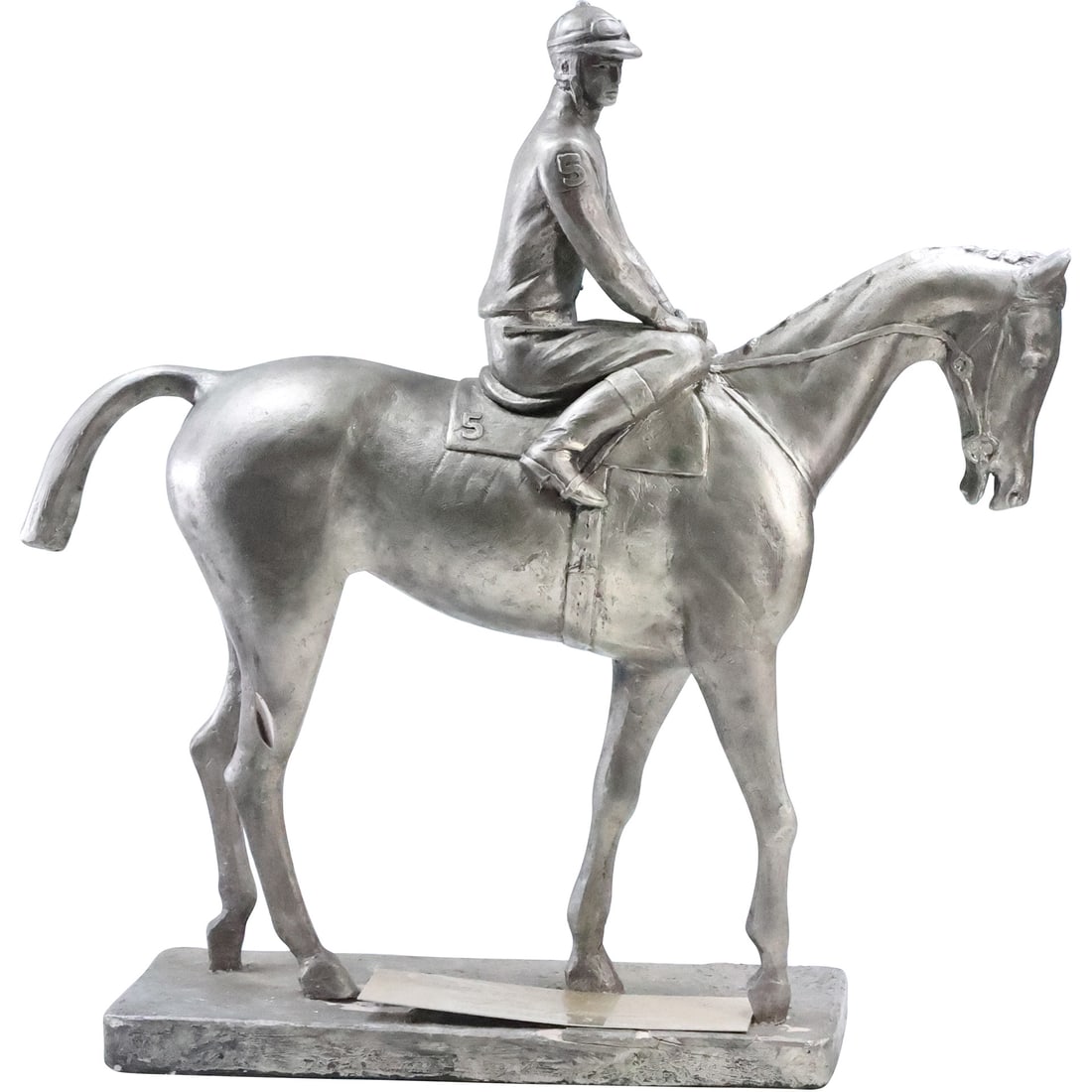 Jockey on Prized Horse, Trophy Winner Plaque, Made of Hard Composition, Silver Tone Finish: Jockey on Prized Horse, Trophy Winner Plaque, Made of Hard Composition, Silver Tone Finish. size: 18.5 in. height x 18 in. x 5.5 in.