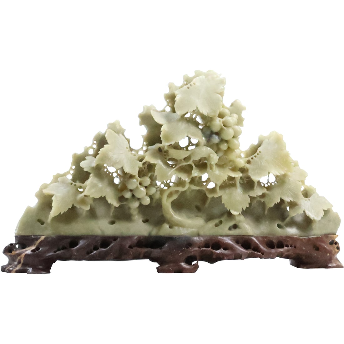 Spectacular Carved Soapstone Sculpture of Grapes and Leaves Mounted on Base 10.5 in. length: Spectacular Carved Soapstone Sculpture of Grapes and Leaves Mounted on Base 10.5 in. length. size: 6 x 10.5 x 1.5