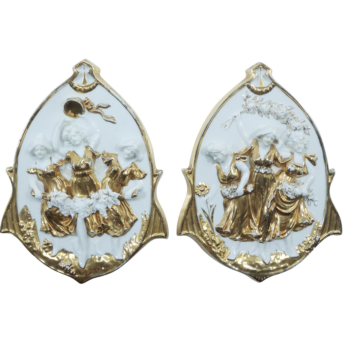 Pair 19th C. Relief Porcelain Plaques "THE THREE GRACES" White with Gold Gilt 9.75 in. (1 of 20)