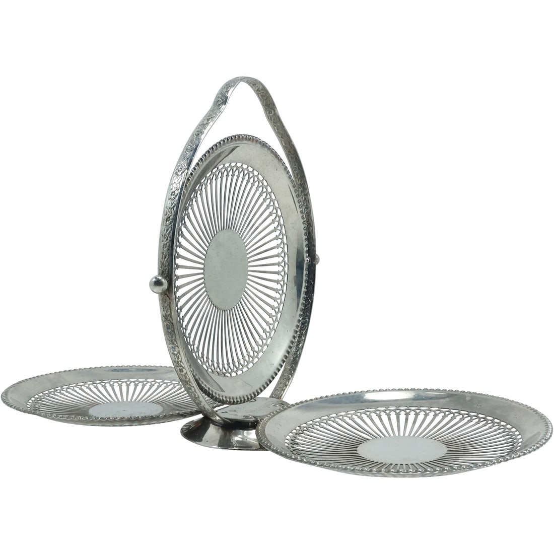 Vintage English Reticulated Cake Basket Swing Handle 3 Tier Tray Silver Plate (1 of 20)