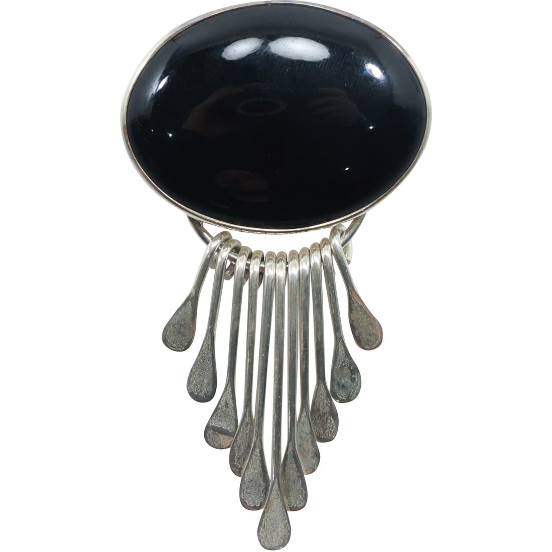 Sterling Silver Mexico AIS Brooch / Pendant with Black Onyx, Spoon Fringe 2 7/8 in. x 1 3/4 in. (1 of 20)
