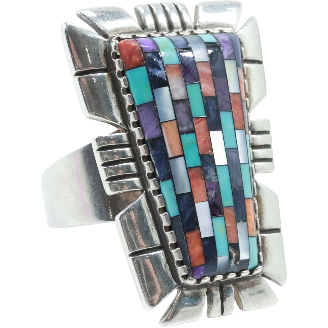 marked CR - Carolyn Pollack - Sterling with MOP, Lapis, Black Onyx, Coral Ring Size 12 (1 of 14)