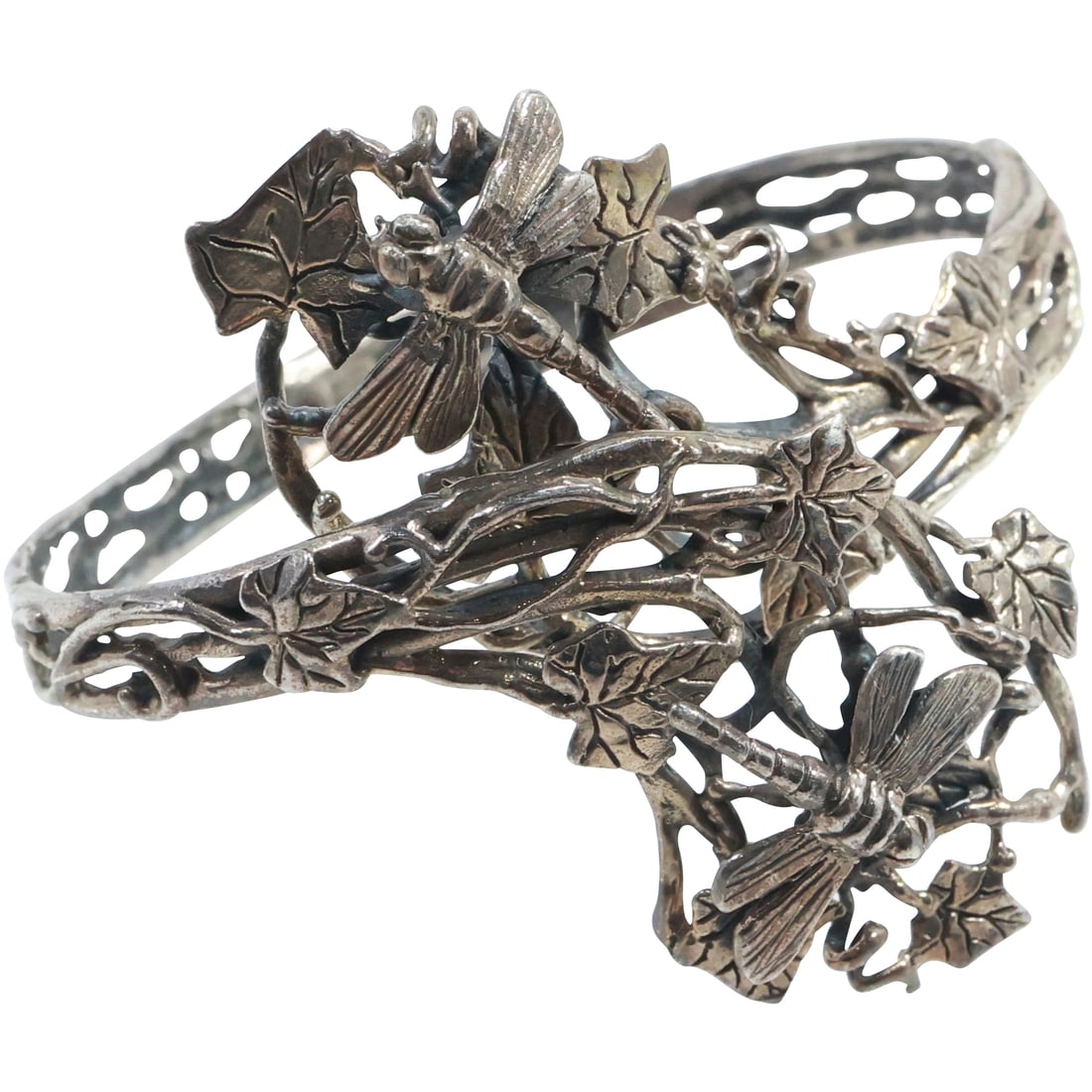 STUNNING .925 Sterling Silver Dragonflies on a Ivy Vine Cuff Bracelet, weighs 32.5 grams (1 of 20)