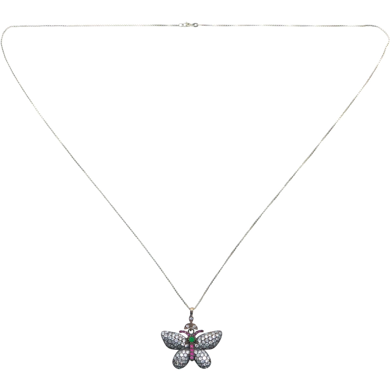 .925 Sterling Silver with CZ, Genuine Rubies, Emeralds Butterfly Pendant on .925 chain 30 in. (1 of 19)