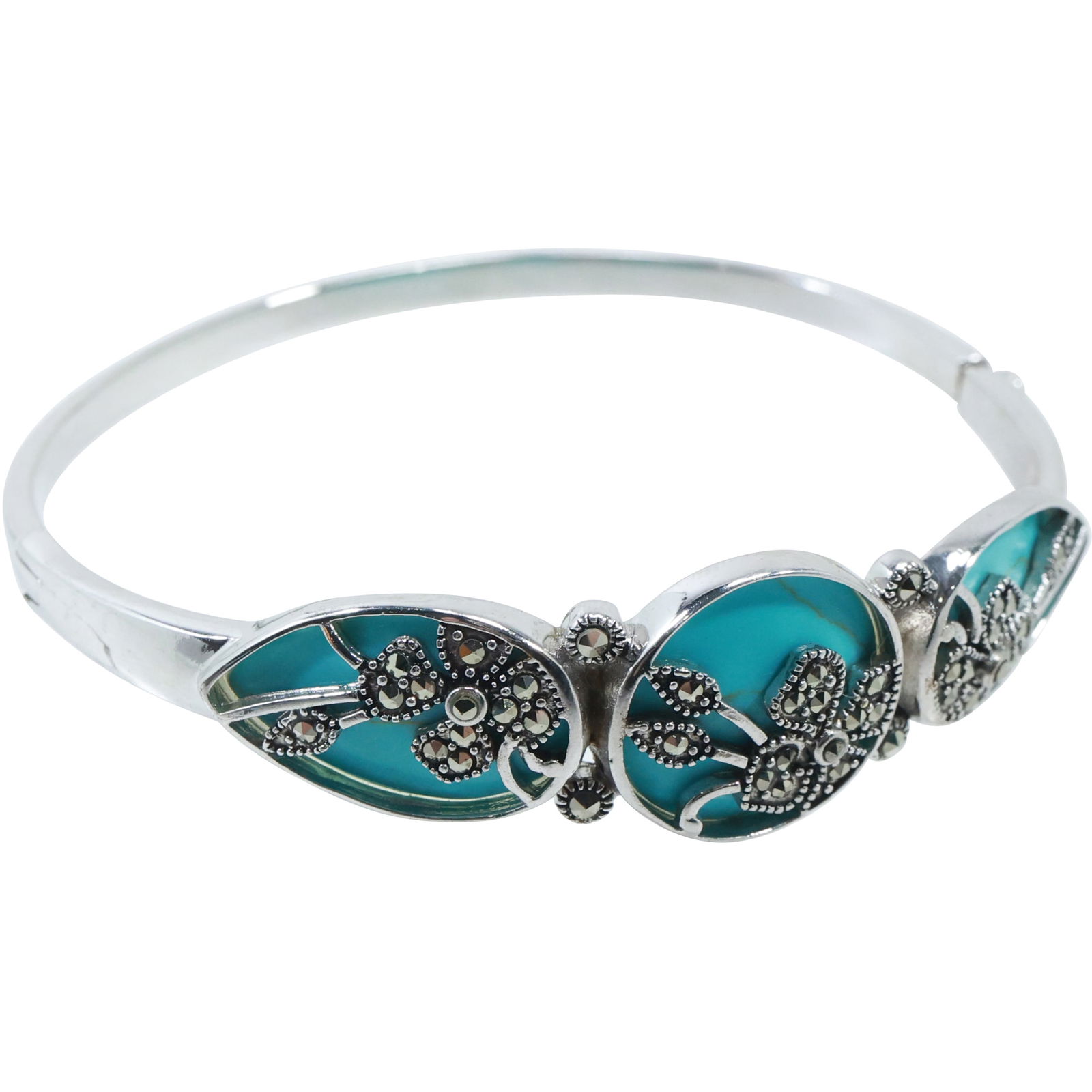 .925 Sterling Silver with Turquoise and Marcasites Bangle Bracelet 2 in. x 2 1/2 in. x 3/4 in. (1 of 17)