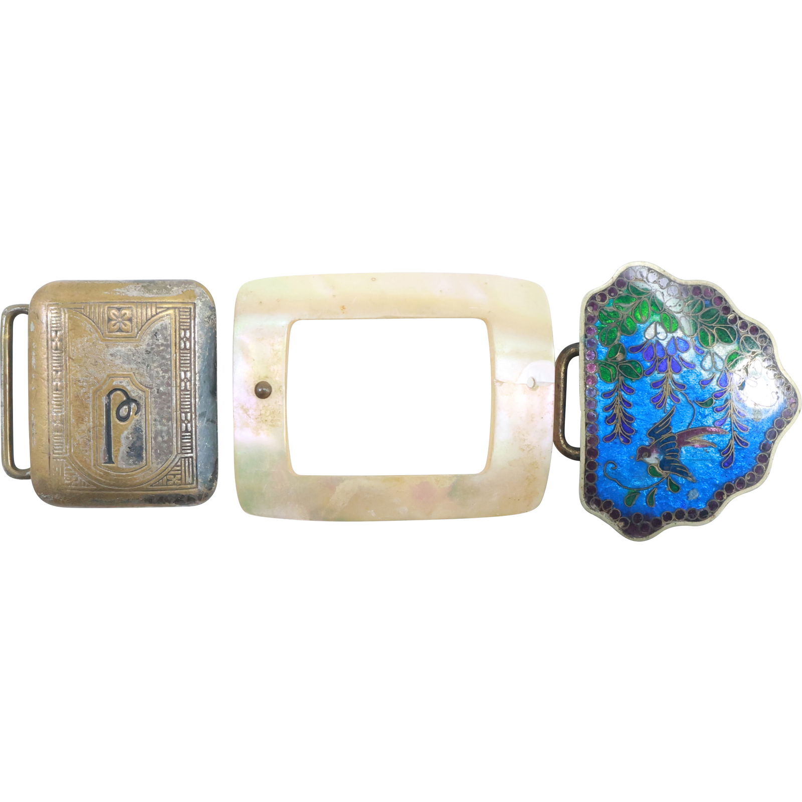 [3] MOP [Mother of Pearl] Buckle;  Bird Enameled Buckle; Silver Plate Buckle (1 of 20)