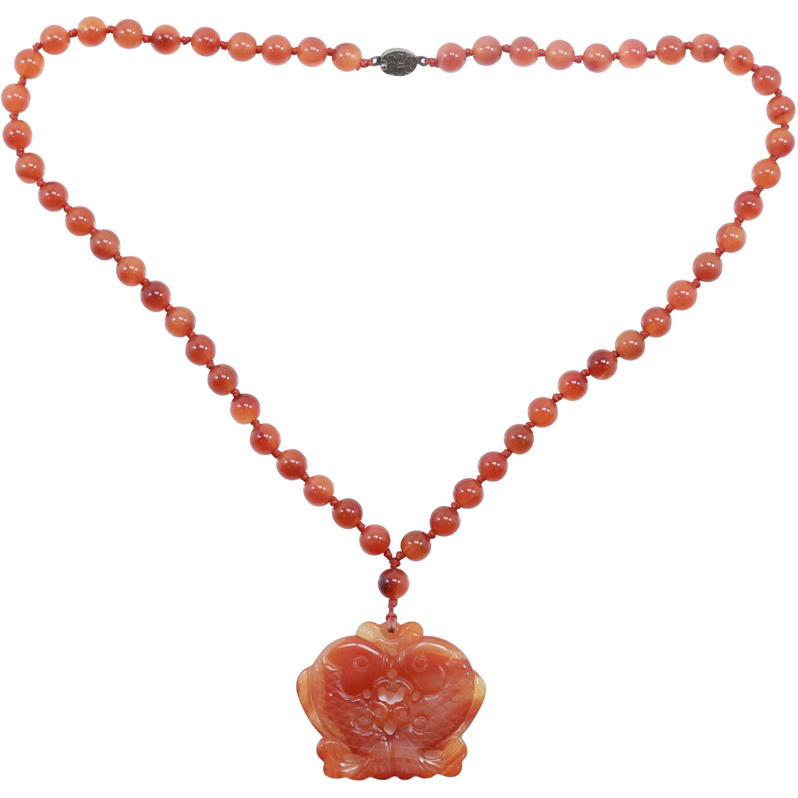 Knotted Carnelian Agate Beads Necklace with Carnelian Fish Pendant: Knotted Carnelian Agate Beads Necklace 27 in. x 1/2 in. with Carnelian Fish Pendant 2 in. x 2 3/8 in.