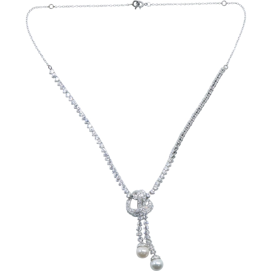 .925 Sterling Silver CZ and Faux Pearl "Gala" Evening Necklace Double Drop Pendant (1 of 20)
