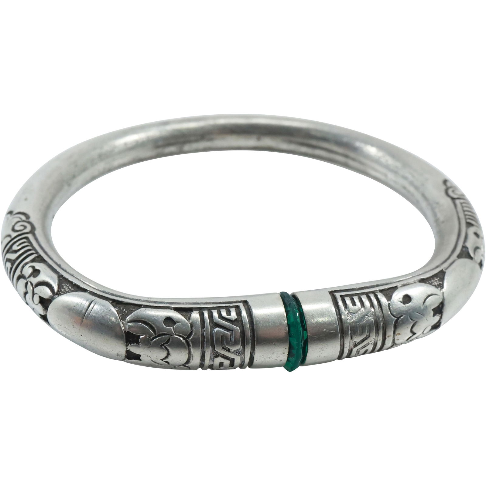 .925 Sterling Silver with Green Stone Elephants Carved Bracelet, weighs 31.5 grams total weight (1 of 18)