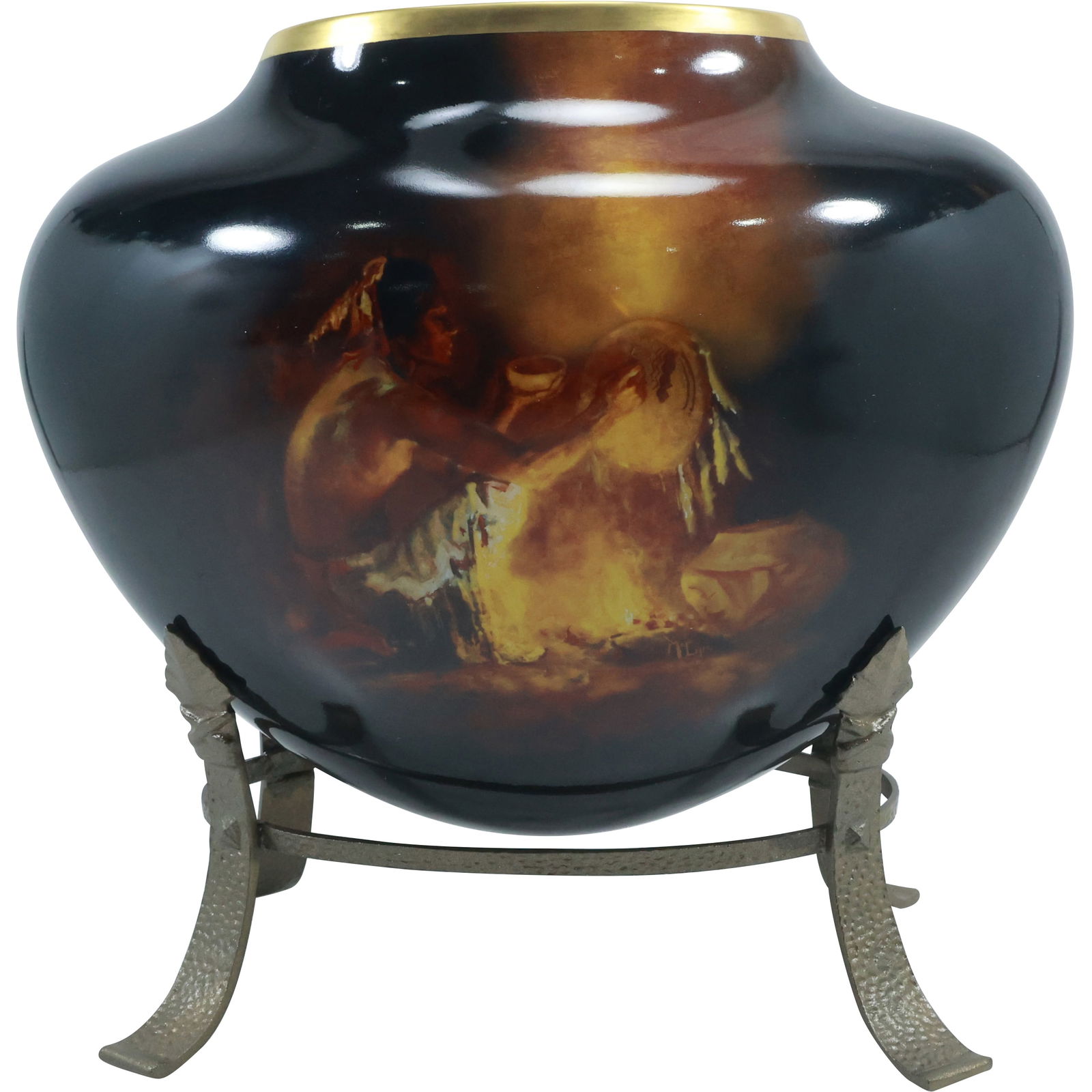 Buck McCain "Spirit of The Warrior" Native American Indian Porcelain Vase on Metal Stand 11.5 in. (1 of 20)