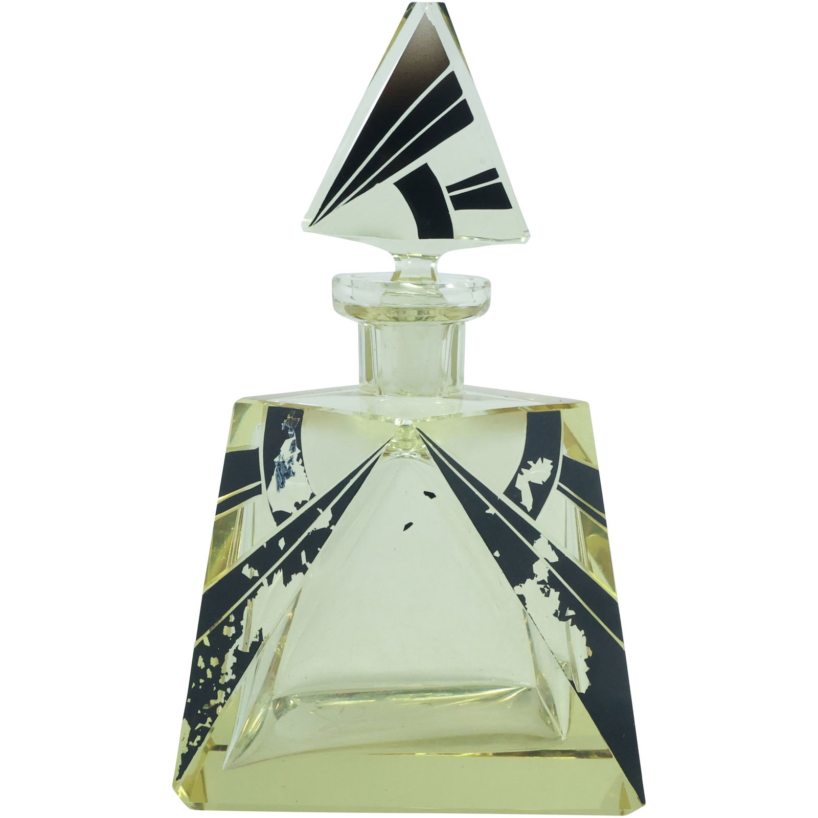 Vintage Crystal Glass Art Deco Decanter / Cologne Bottle , Art Deco Black Pattern: Vintage Crystal Glass Art Deco Decanter / Cologne Bottle , Art Deco Black Pattern, paint is worn in spots See Pictures. size: 8.5 in. x 5 in. x 3.25 in. very top has a chip as pictured