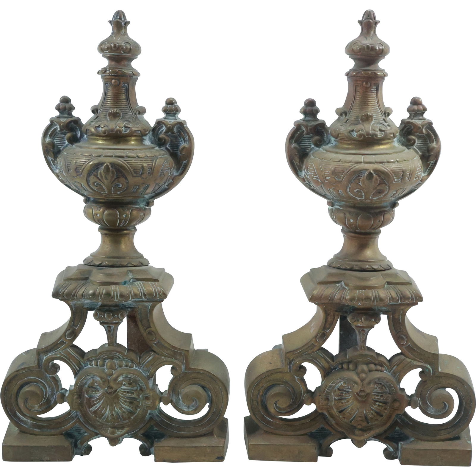 19th C. Bronze French Fireplace Chenets 15.5 inches height x 8 in. wide x 4.25 in. depth: 19th C. Bronze French Fireplace Chenets 15.5 inches height x 8 in. wide x 4.25 in. depth. Original Patina. size: 15.5x8x4.25