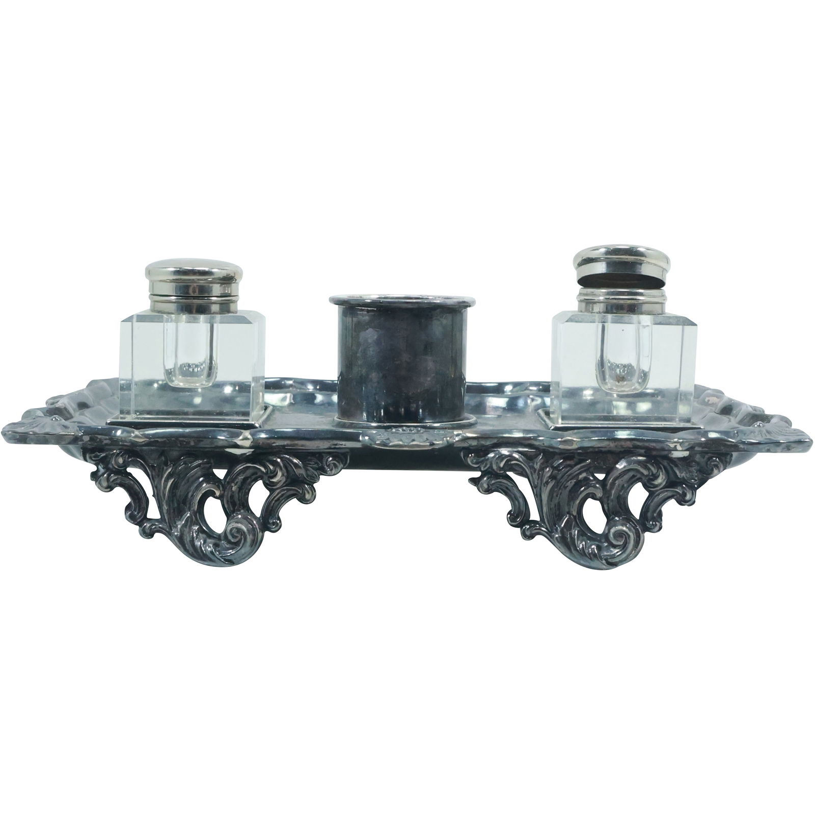 Victorian Silver Plate Desk Top Double Inkwell with Glass Inkwells (1 of 20)