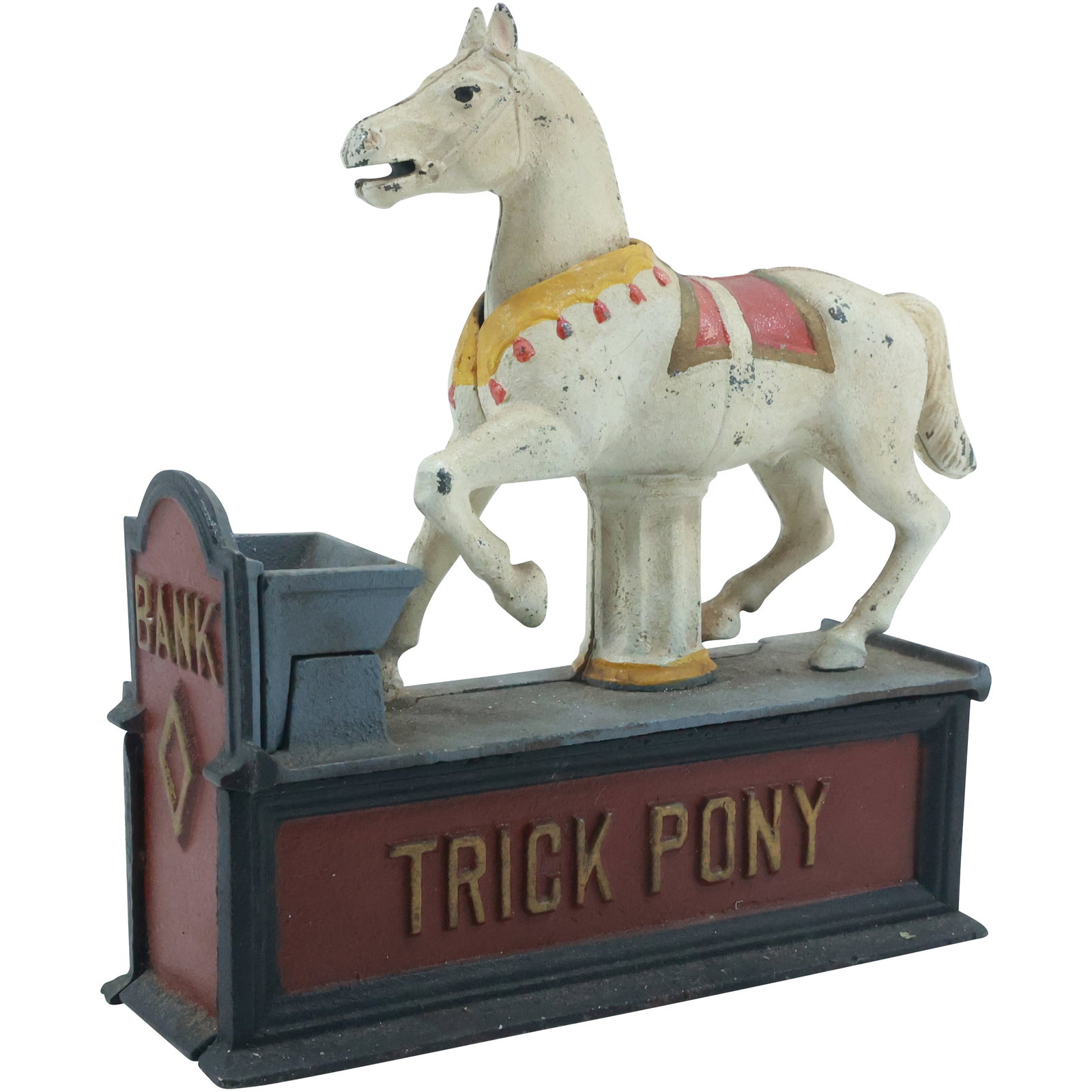 Novelty Cast Iron Trick Pony Horse Mechanical Bank in Original Paint: Novelty Cast Iron Trick Pony Horse Mechanical Bank size: 8 in. x 8 in.