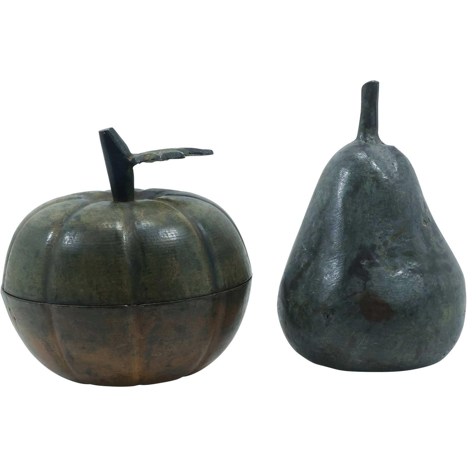[2] Brass Pear and Brass Apple Jar, both in Original Patina: [2] Brass Pear and Brass Apple Jar, both in Original Patina. size: 4x2.5 (pear), 3.5x3.25 (apple)