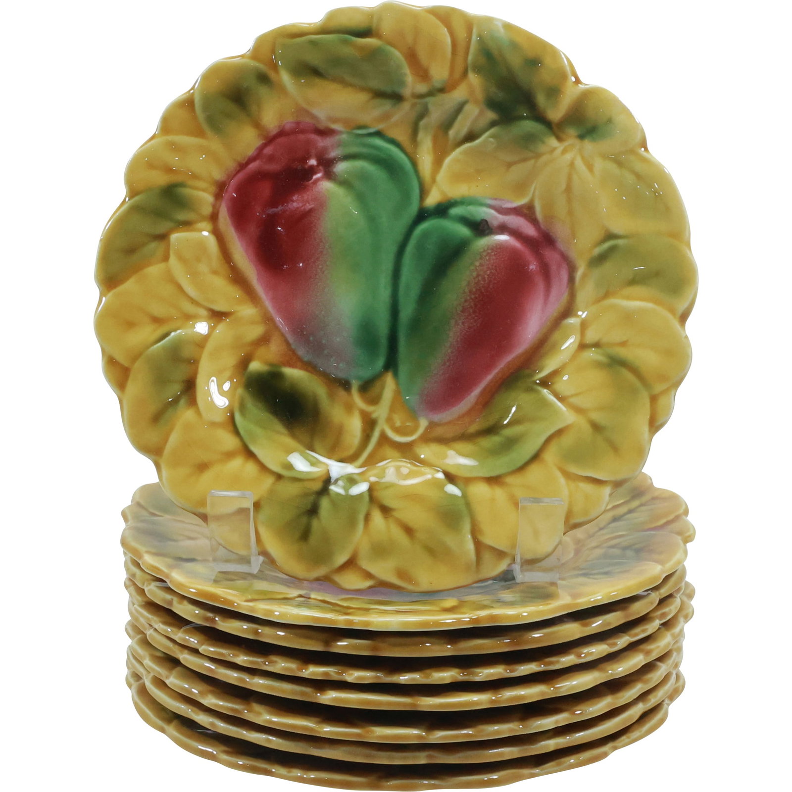 Set of 8 Sarrueguemines France Majolica 7.5 in. dia. Plates, Pear, Plum, Cherry, Grape: Set of 8 Sarrueguemines France Majolica 7.5 in. dia. Plates, Pear, Plum, Cherry, Grape size: .75x7.5