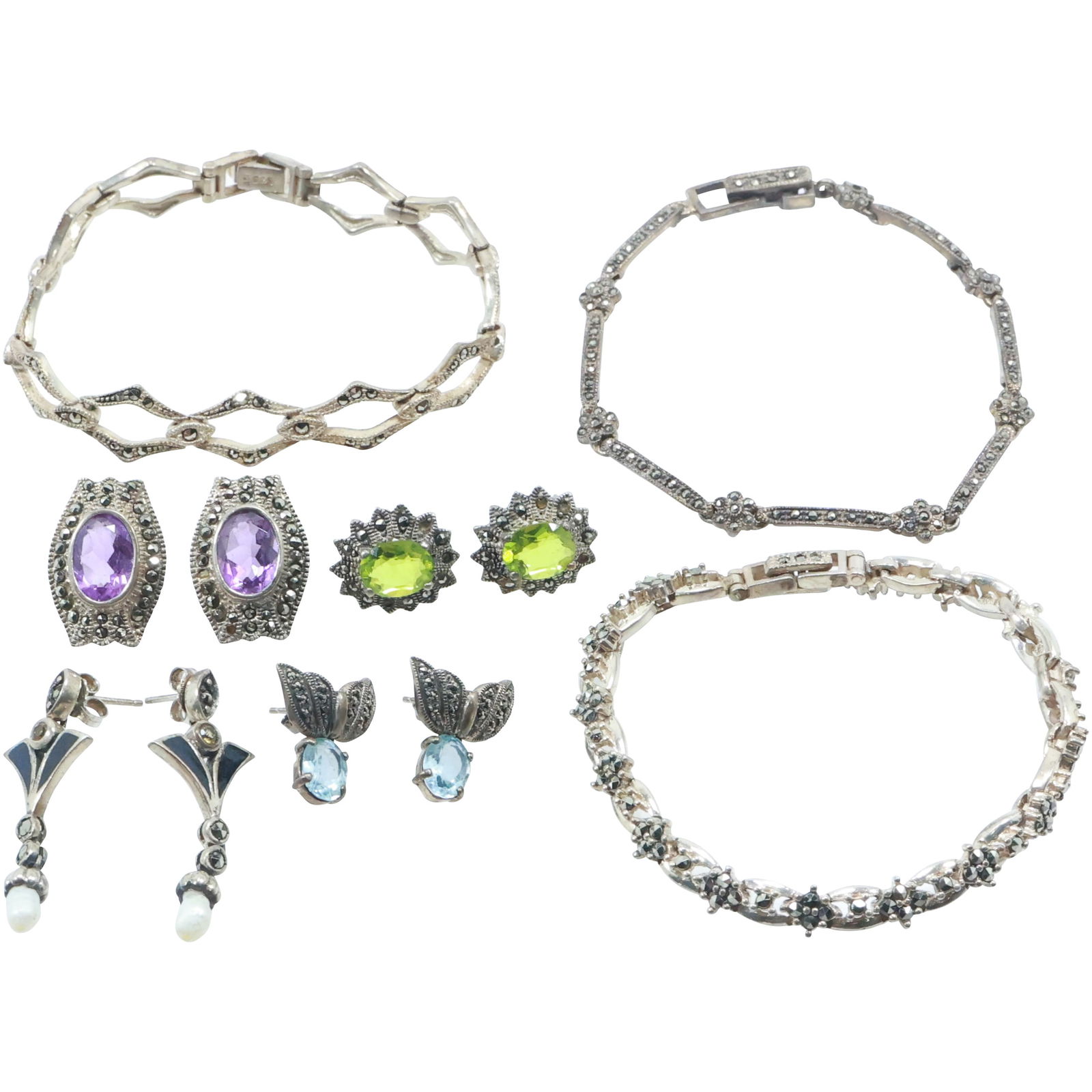 Grouping: 3 pr Sterling Marcasite Earrings, pr Amethyst Earrings, 3 Sterling Marcasite Bracelets (1 of 20)