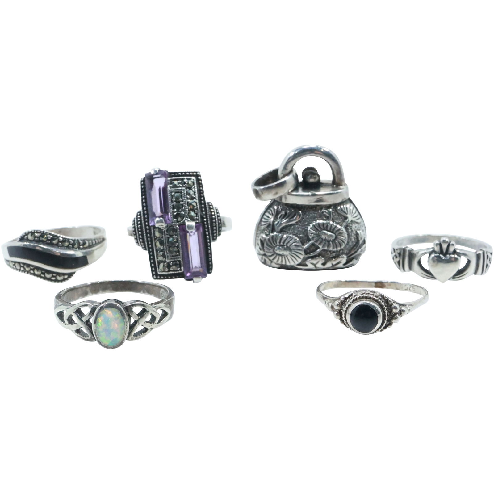 6-Pc Jewelry Grouping: , 3 Sterling Rings, 3 pc Sterling Marcasite (1 of 19)