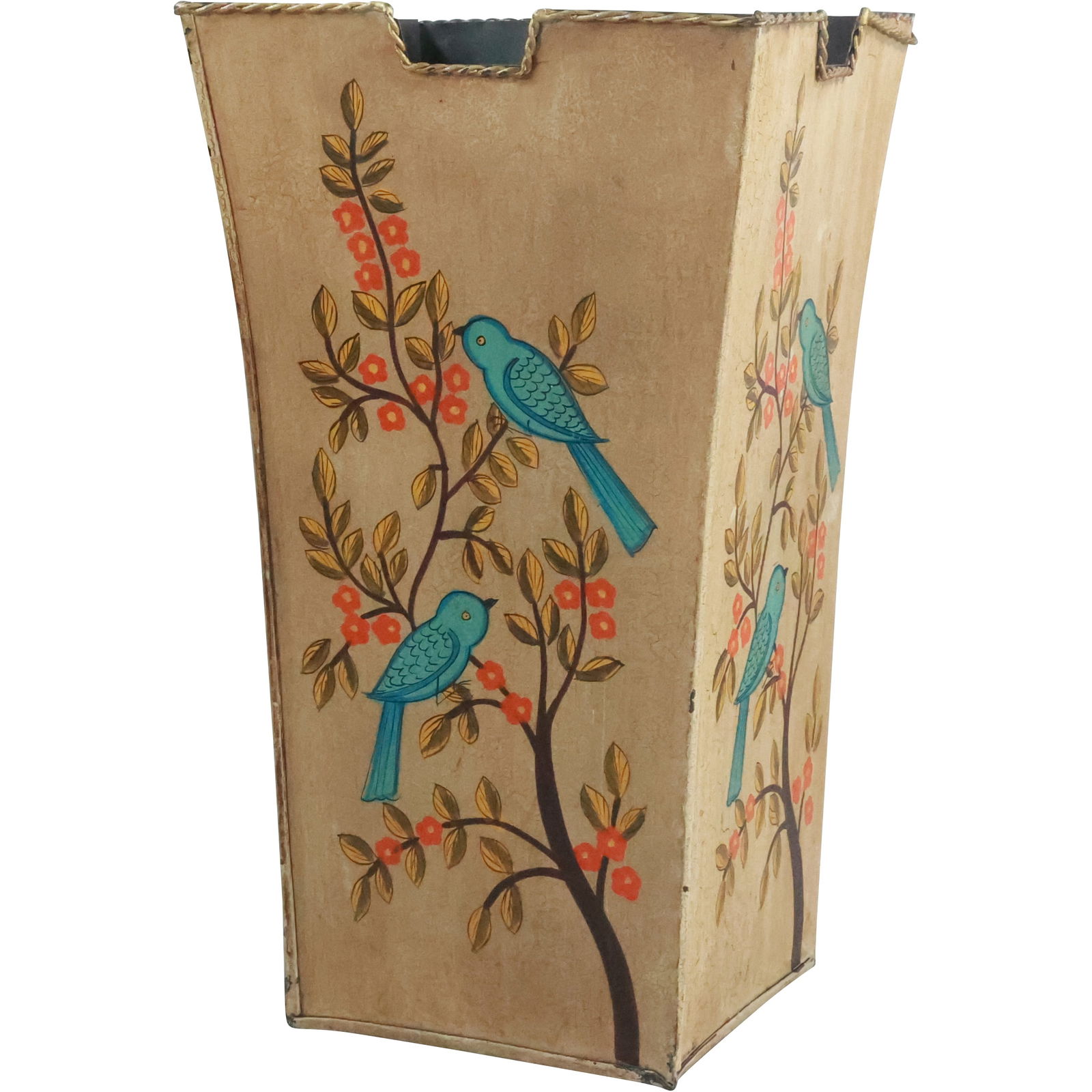 Tin Toleware Umbrella Holder Decorated with Blue Birds on Branch 18.5 in. height x 10.5 in. wide (1 of 20)